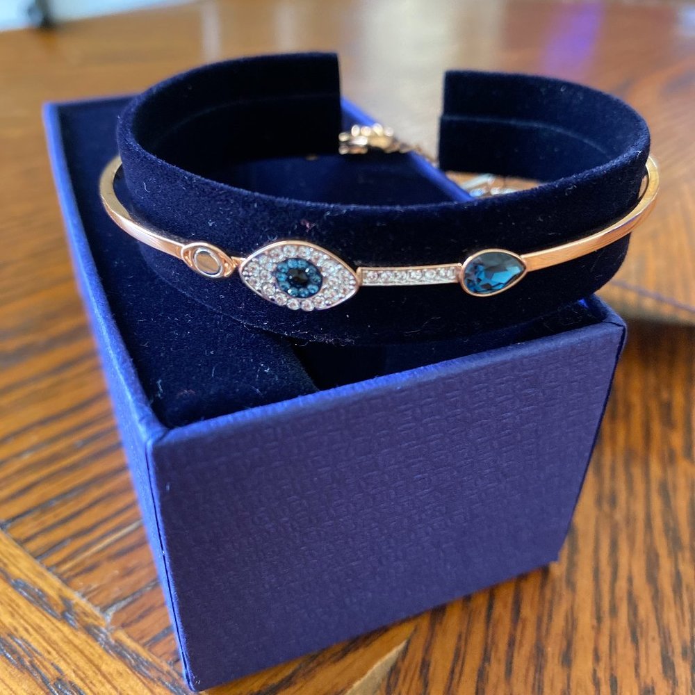 Swarovski Rose Gold & Blue Crystal Evil Eye Bangle